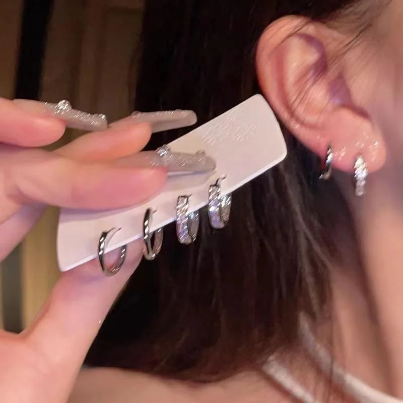 4-Piece Stainless Steel Zircon Hoop Earrings for Women - Trendy Daily Jewelry