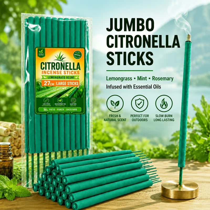 Large Incense Sticks - Lemongrass Mint Rose Rosemary Herbal Scent, 27cm Outdoor Aromatherapy