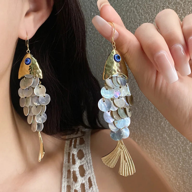 Round Shell Fish-Shaped Dangle Earrings for Women Trendy Jewelry Gift