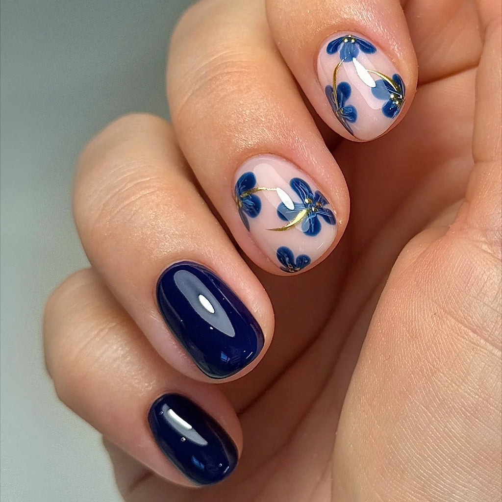 Short Square Fake Nails for Women Girls Spring Summer Floral Design - Deep Blue & Gold