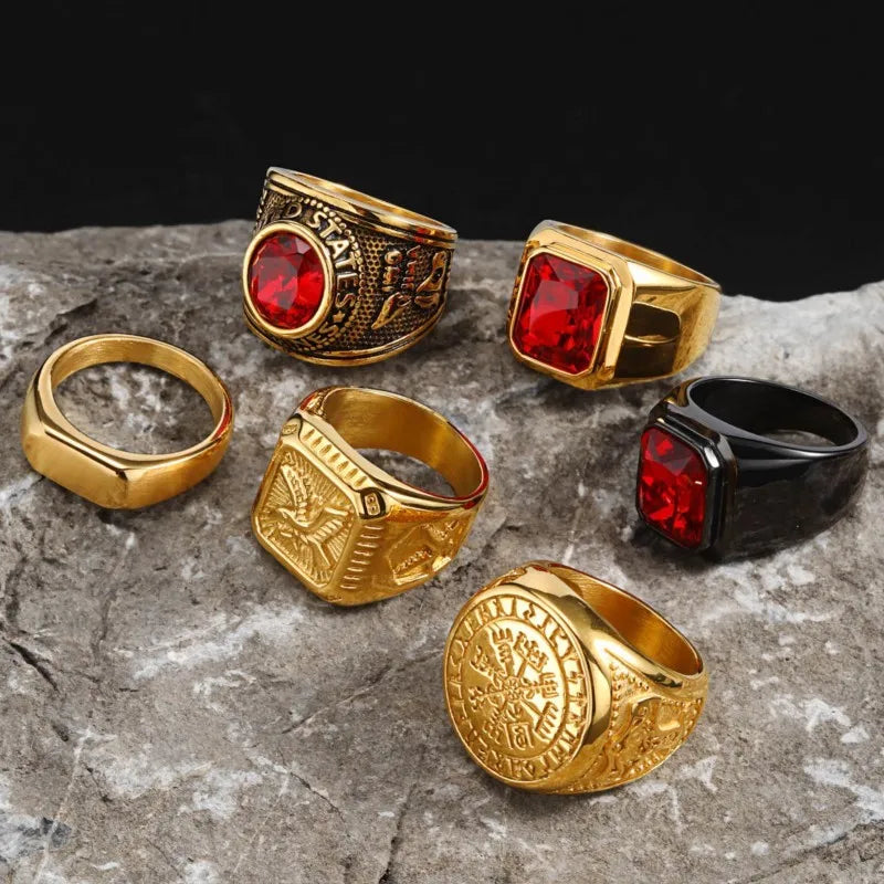Men's Retro Niche Ring - Stainless Steel Carved Gemstone Inlaid Jewelry