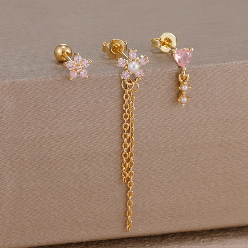 3-Piece Stainless Steel Flower Tassel Earrings Set with Heart-Shaped Pendants for Women