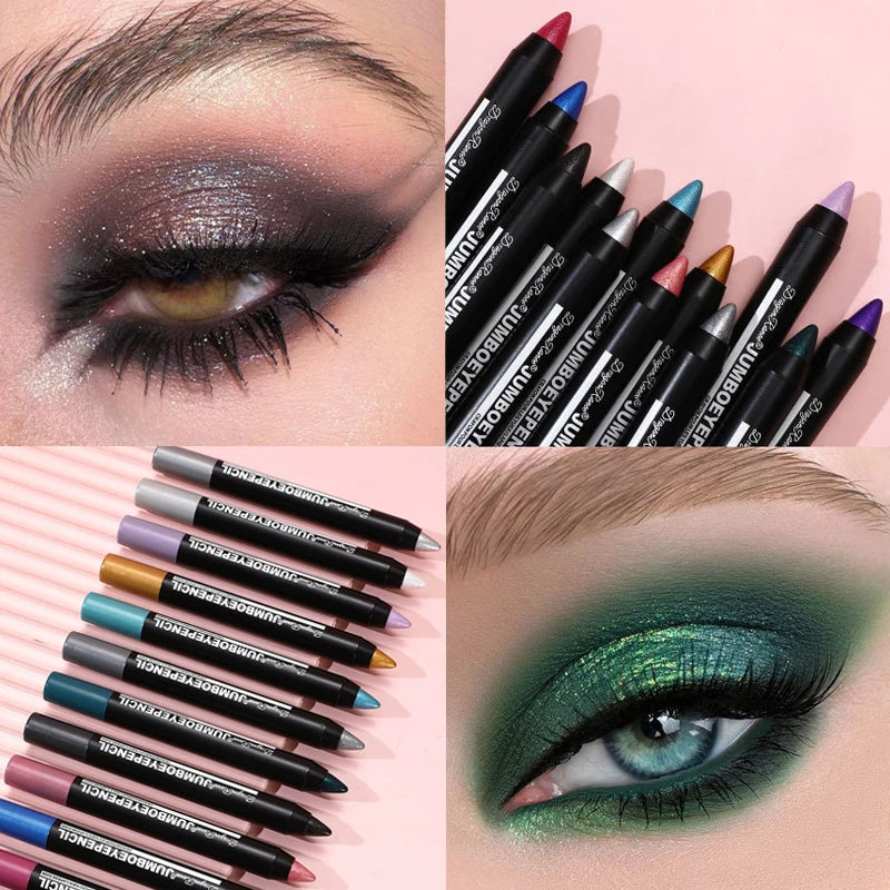 Waterproof Metallic Glitter Eyeshadow Pencil Stick - 12 Colors, Long-Lasting Highlighter Pen Makeup Tool