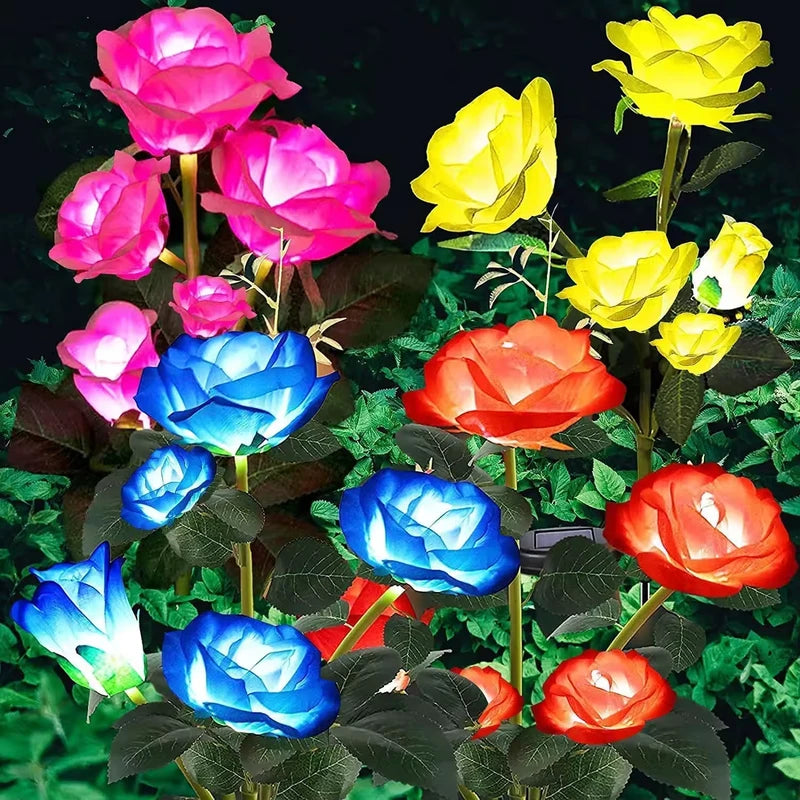 Solar LED Garden Ground Light with Artificial Rose Flower for Outdoor Yard Patio Decoration