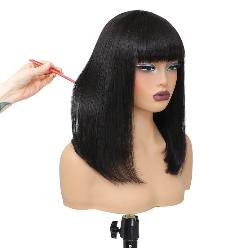 Short Bob Wig with Bangs - Human Hair, Straight, 180% Density for Women