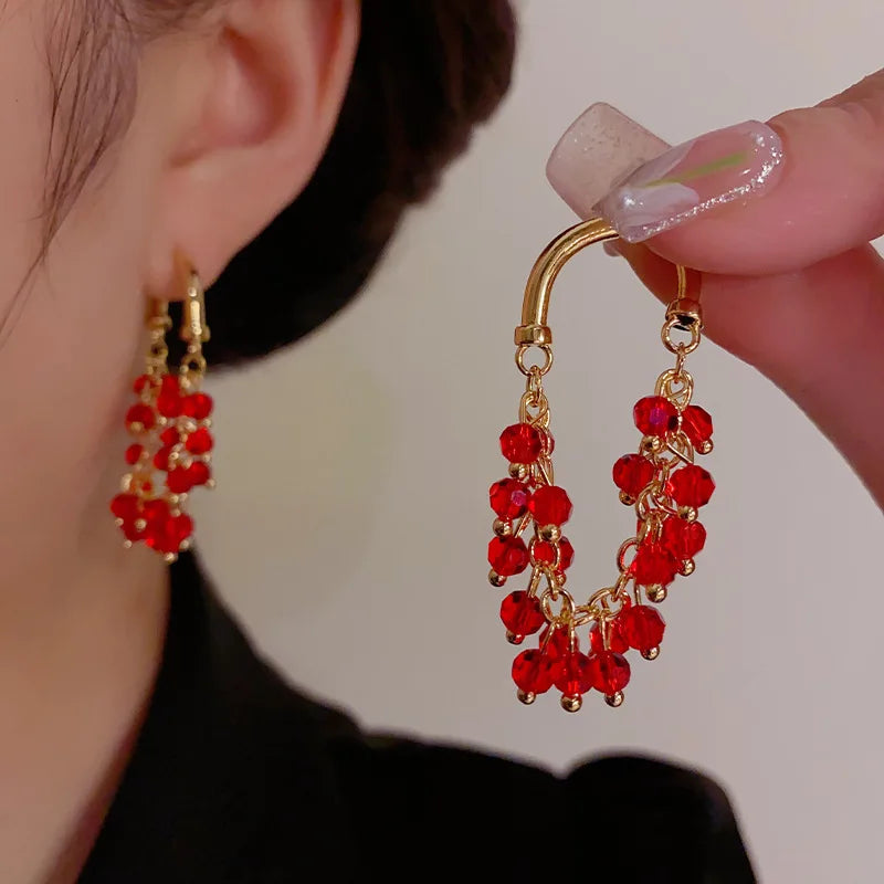 Light Luxury Red Crystal Beaded Pendant Earrings for Women - Unique Jewelry