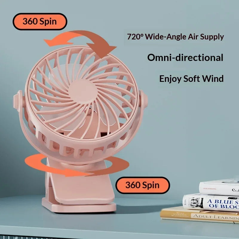 Mini 720° Rotatable Clip Fan with Night Light, USB Rechargeable Portable Cooler
