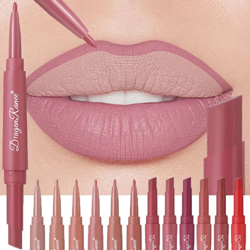 Waterproof Nude Lip Liner & Matte Lipstick 2-in-1 Pencil for Long-Lasting Lip Makeup