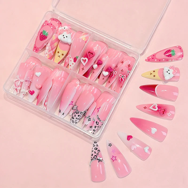 3D Pink Sweet Bow Heart Fake Nails Long Almond False Nails with Rhinestones