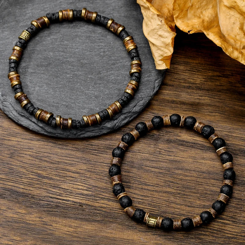 Wood Braided Leather Bracelets for Men 2-Pack Vintage Stone Jewelry Set