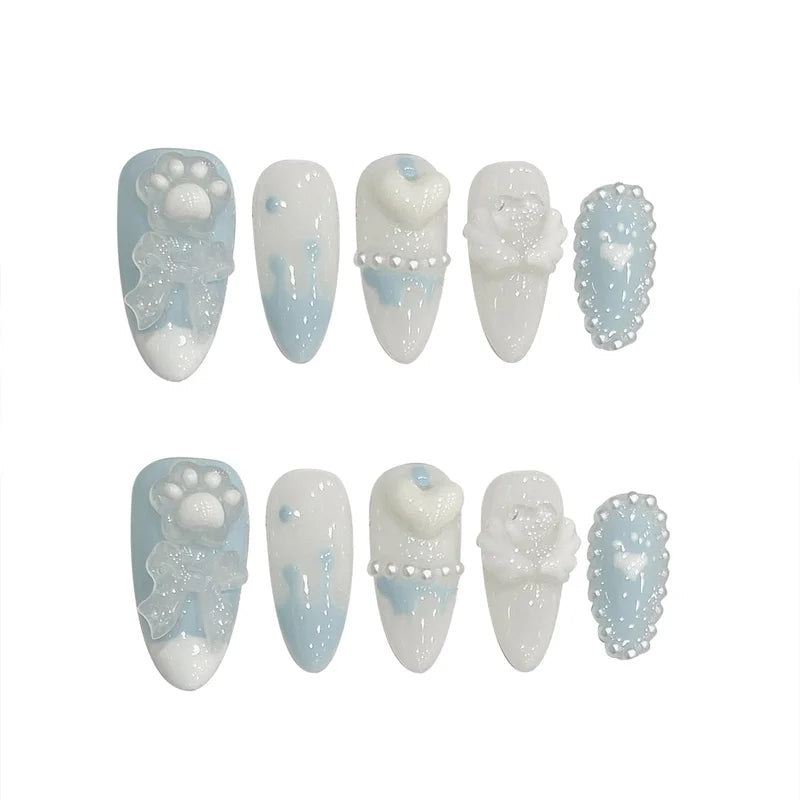 Handmade Press-On Nails with Bear Paw Design - Light Blue Fake Nail Tips, Full Cover, Korean Style