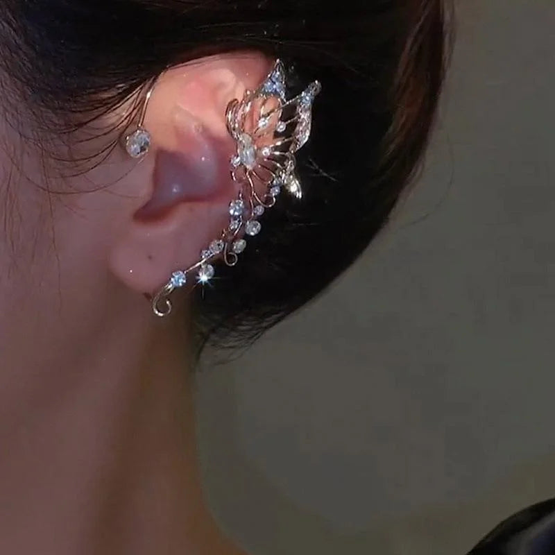 Korean Butterfly Ear Cuff Clip Earrings for Women Sparkling Zircon Wedding Jewelry