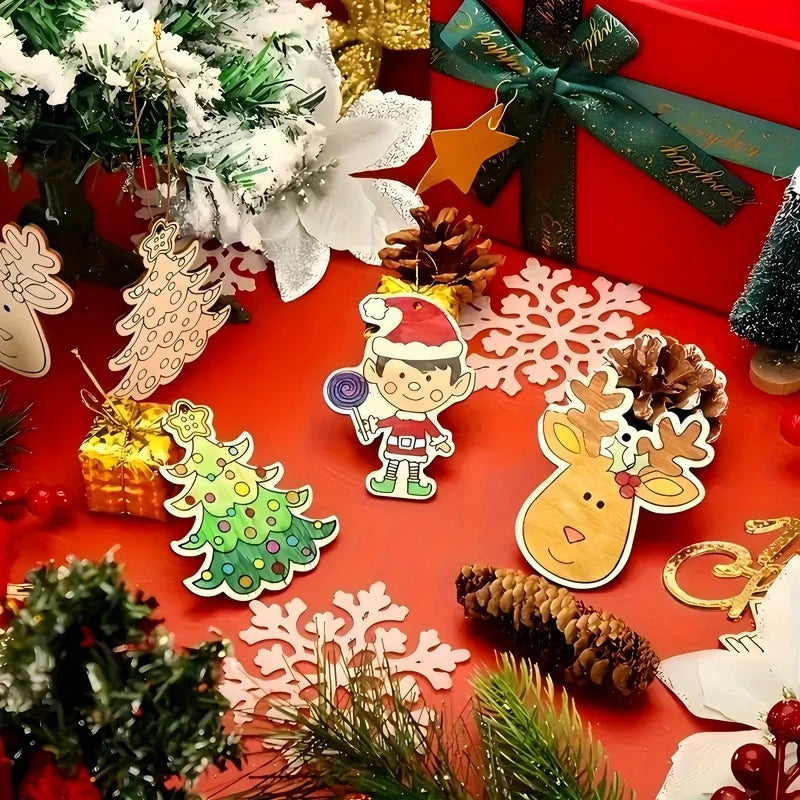 12Pcs Christmas Wooden Ornaments Snowman Santa Tree Holiday Decor DIY Hanging Pendant
