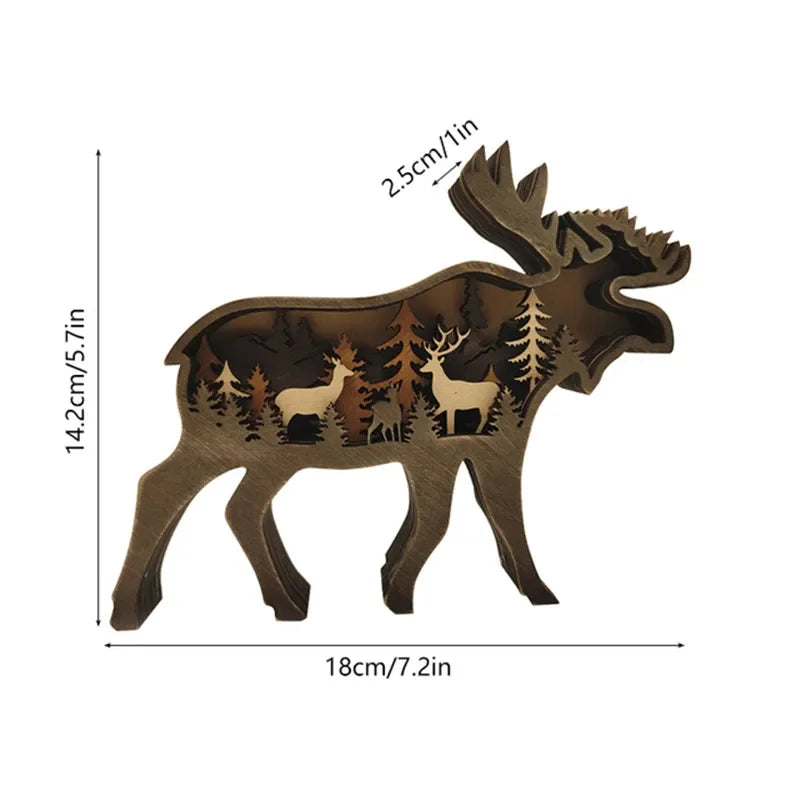 Wooden Animal Figurines with LED Light - Wolf Elk Brown Bear Home Decor