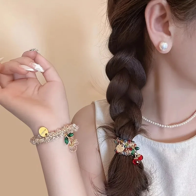Colorful Crystal Cherry Hair Rope & Headband Set - Elastic Hair Accessories for Women
