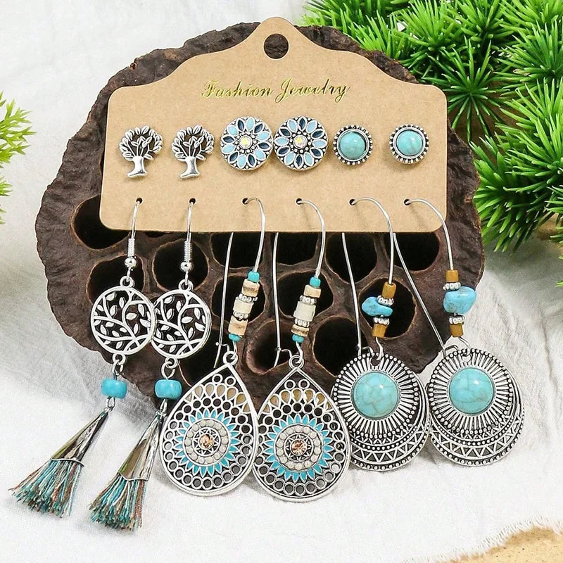 Boho Ethnic Pendant and Round Earrings Set for Women - Vintage Jewelry