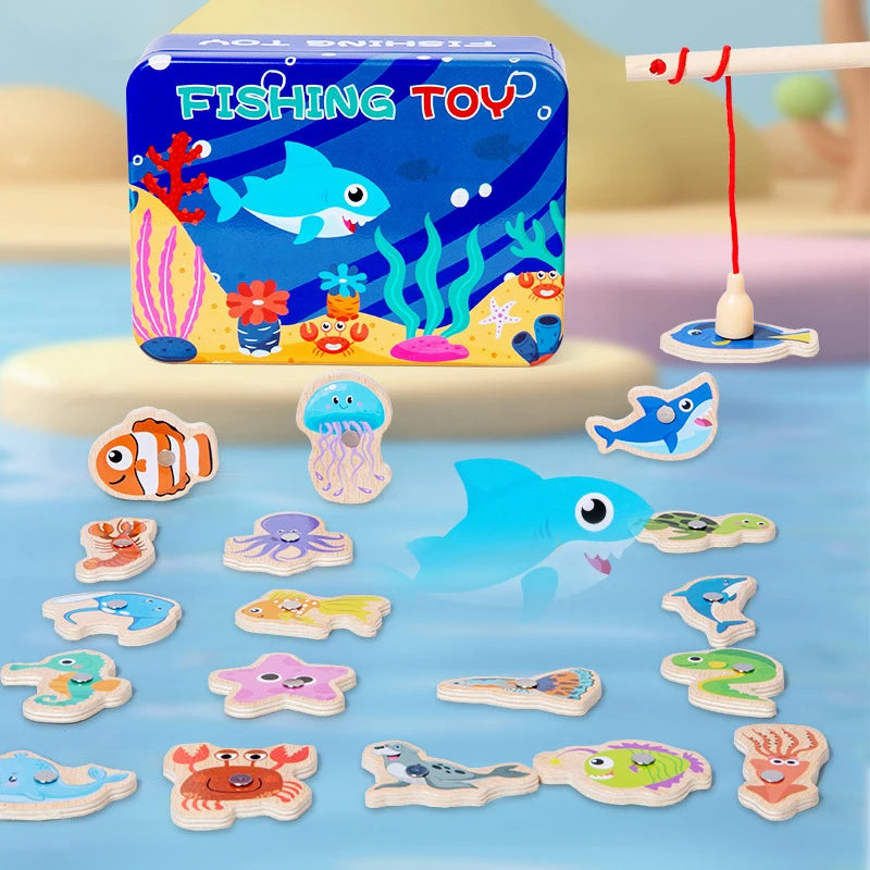 Wooden Magnetic Fishing Toys for Children Marine Life Learning Interactive Baby Game
