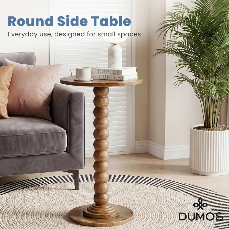 Round Side Table with Solid Wood Legs - Small Space End Table with Storage Shelf