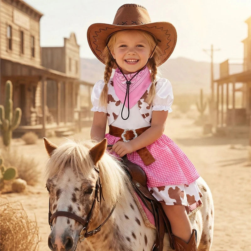 Girls Cowgirl Costume Dress with Cowboy Hat for Halloween and Parties