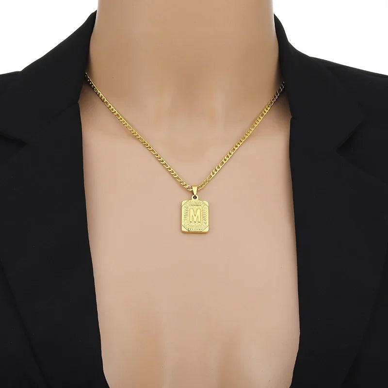Initial Pendant Necklace for Women & Men Stainless Steel Cuba Link Letter Charm
