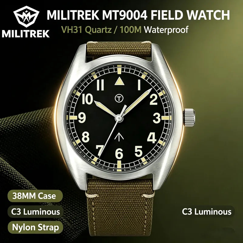 Men's Retro Field Watch 38mm Sapphire Glass Waterproof Quartz Sport Watch