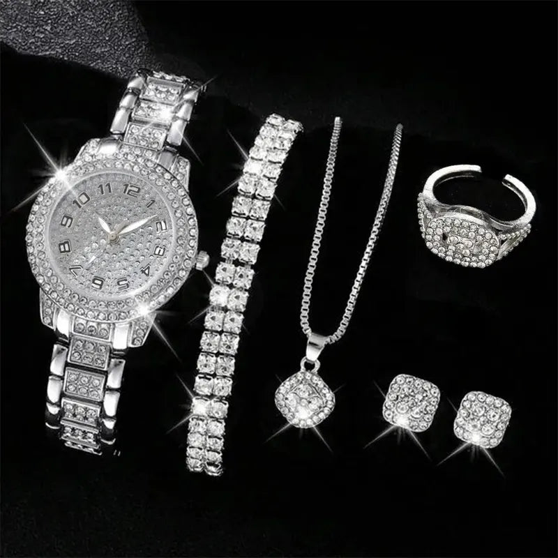 Women's Elegant Alloy Quartz Wristwatch Set with Rhinestone Bracelets - 6 Pack