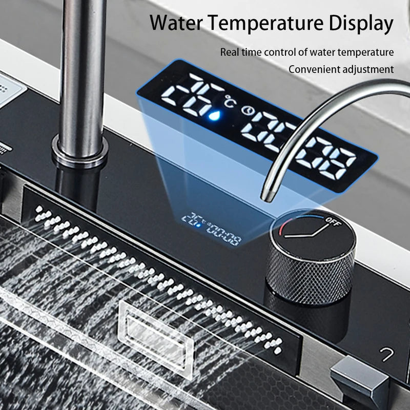 Large Stainless Steel Kitchen Sink with Digital Display and Touch Waterfall Faucet
