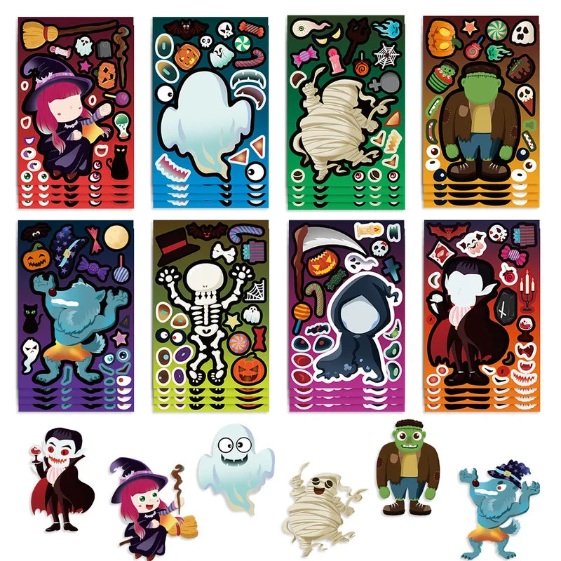 8Sheets Cartoon Halloween Puzzle Stickers Make-A-Face DIY Children's Waterproof Decals