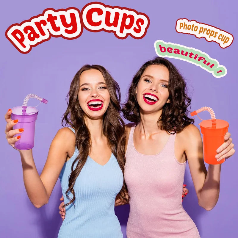 Reusable Spill-Proof Neon Sipper Cups with Lids & Straws for Kids - Multiple Colors