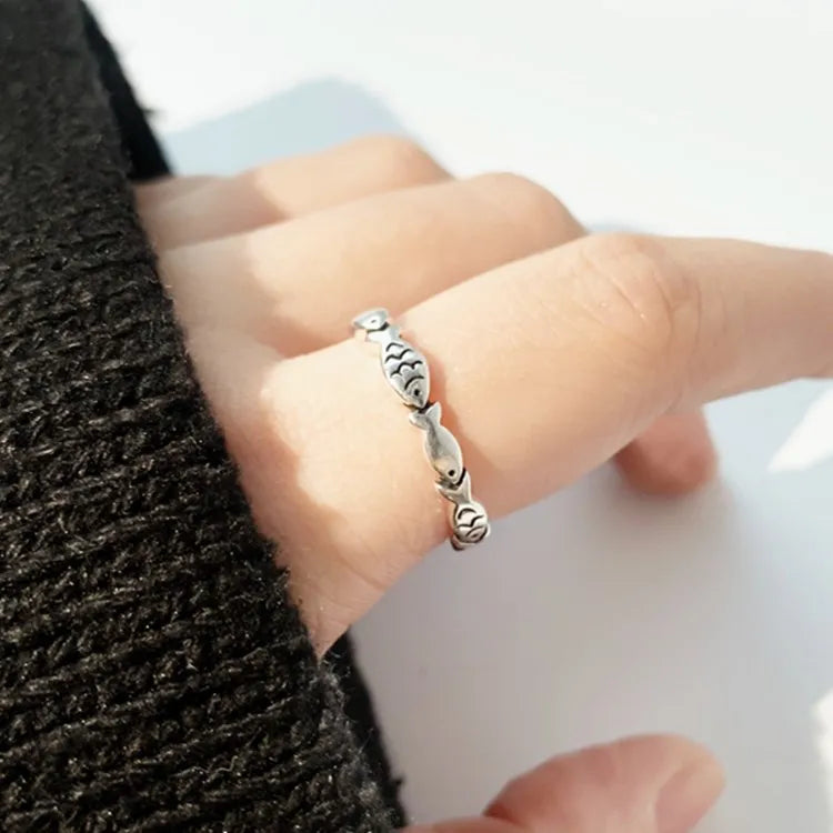925 Sterling Silver Fish Adjustable Ring for Women Wedding Jewelry