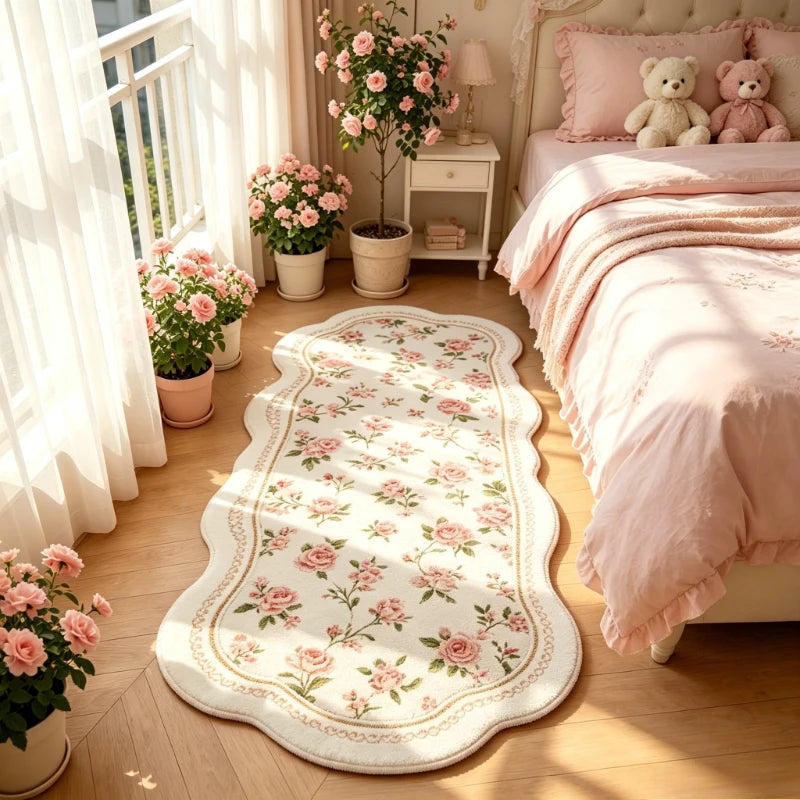 Fluffy Pink Flower Bedroom Rug - Irregular Soft Floor Mat for Living Room & Home Decor