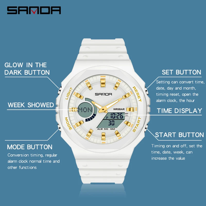 Men's Luxury Quartz Sport Watch with Dual Digital Display, Waterproof 50M