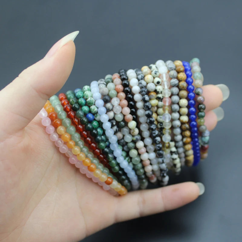 Natural Stone Beaded Bracelet 4mm Quartz Agate Lava Rock Tiger Eye Onyx Healing Jewelry
