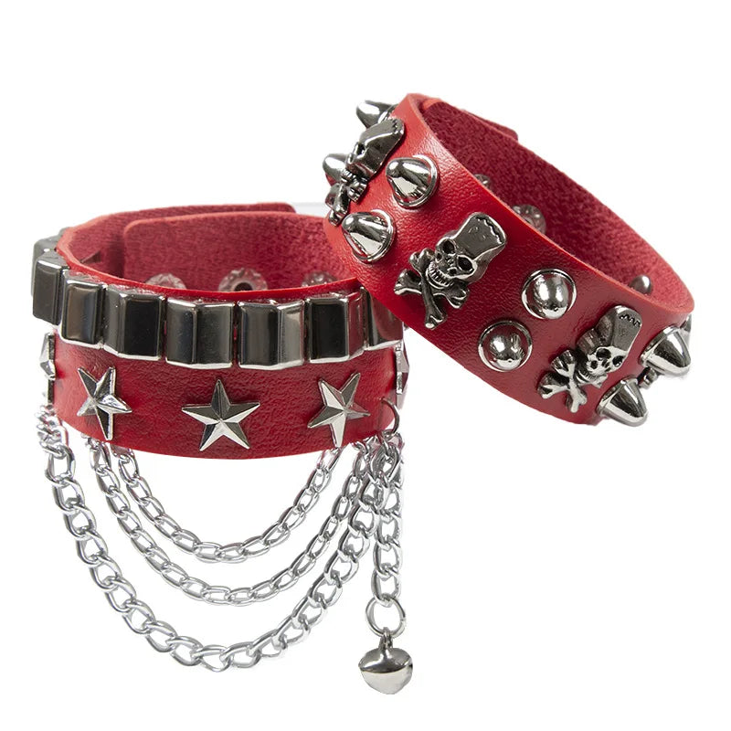 2-Pack Emo Goth Punk Leather Bracelets with Skull Rivets & Metal Chain