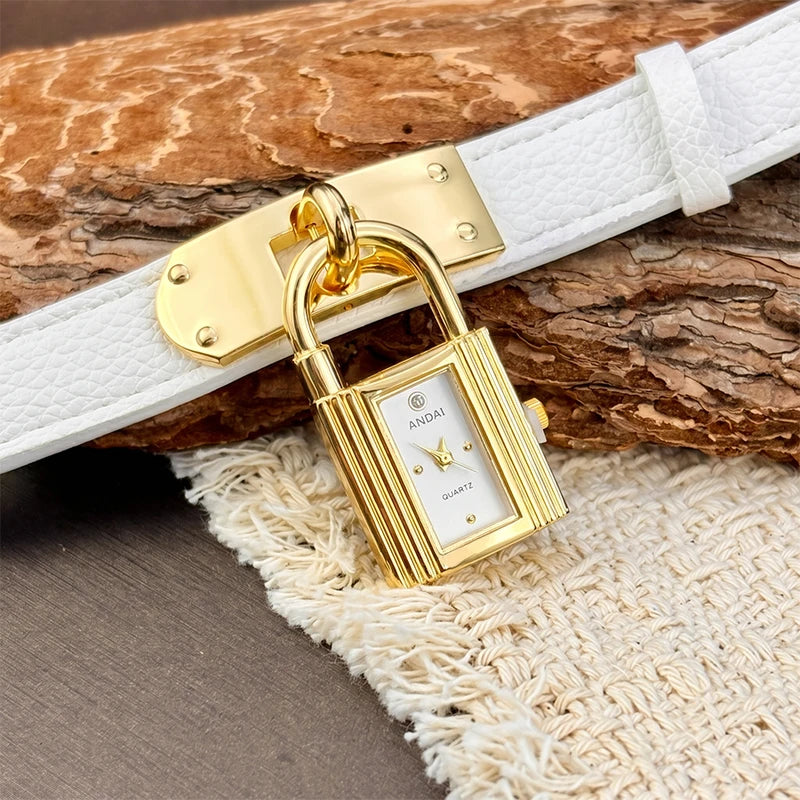 Fashion Leather Watch for Women with Bold Padlock Dial and Soft Strap
