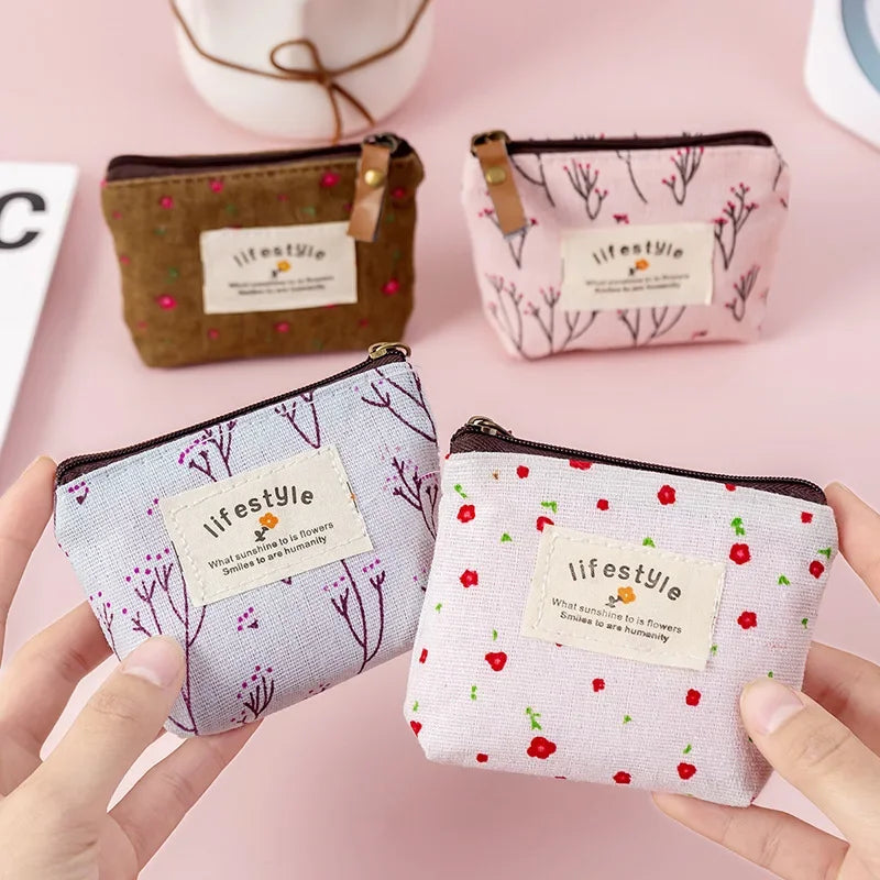 Kawaii Coin Purse Canvas Mini Floral Clutch Bag for Women Girls Kids