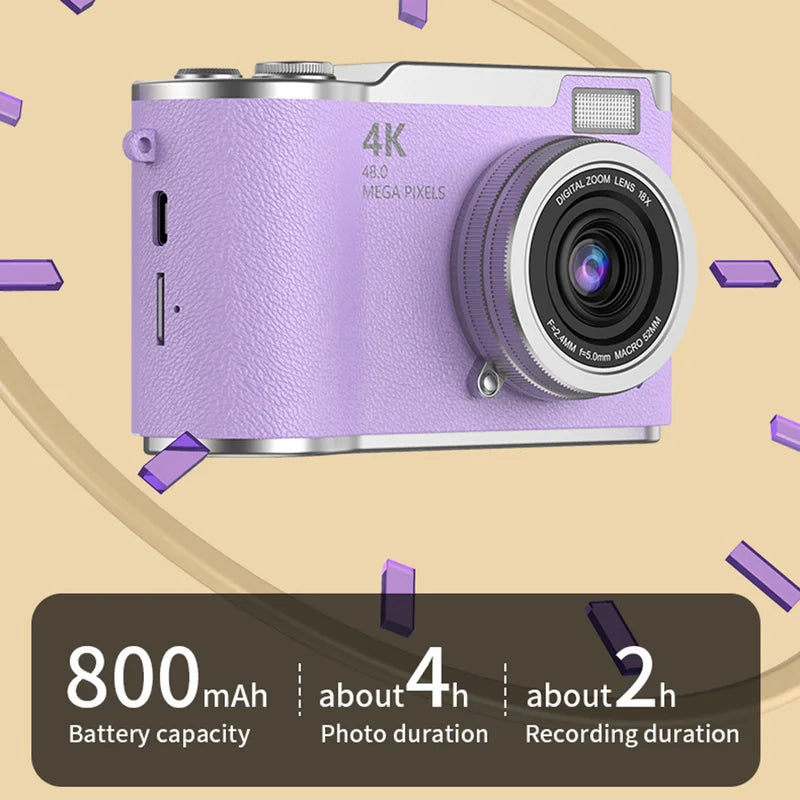 4K Digital Camera with 48MP HD Sensor, 8X Zoom, Flip Screen & Anti-Shake