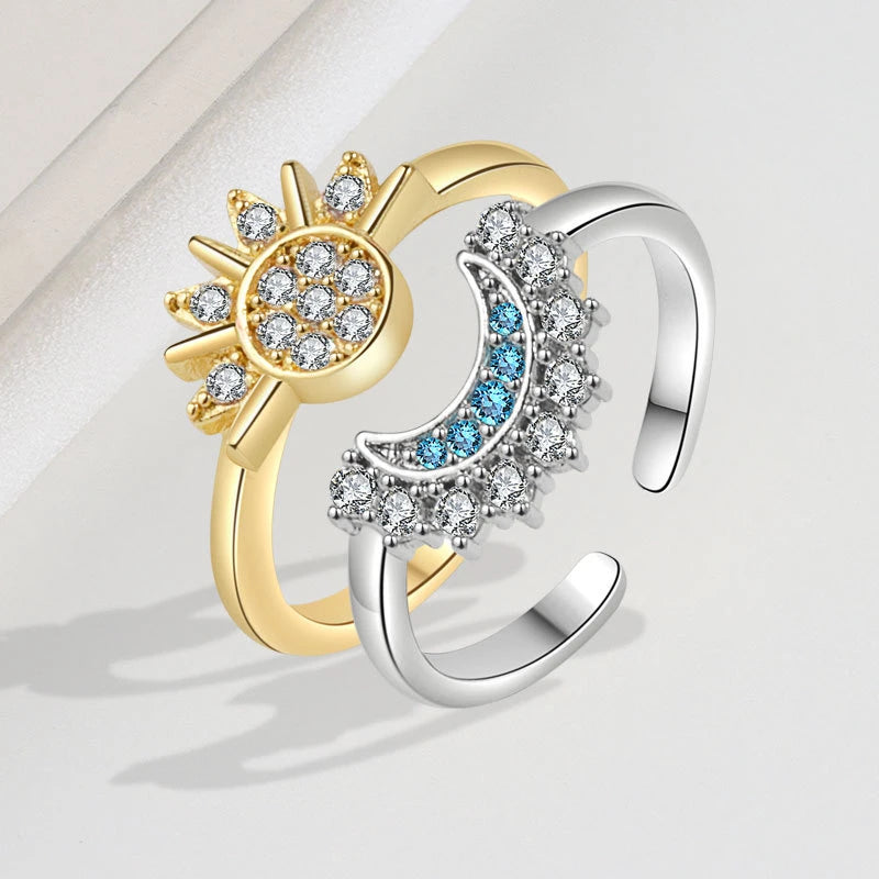 Sparkling Sun and Moon Adjustable Couple Rings CZ Open Promise Jewelry Set