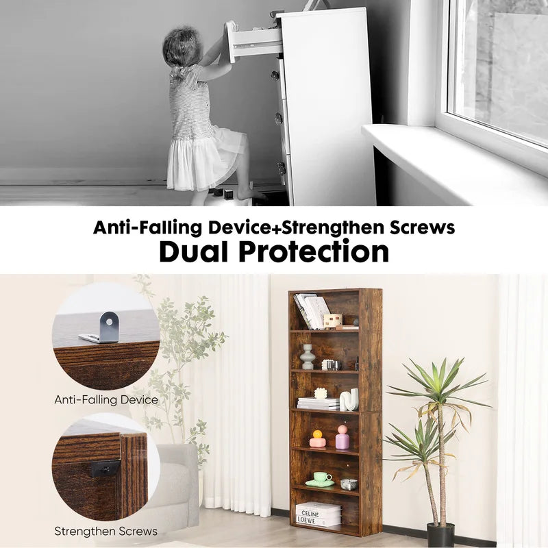 6-Tier Wooden Floor Standing Bookcase - Tall Open Shelving for Living Room & Home Office