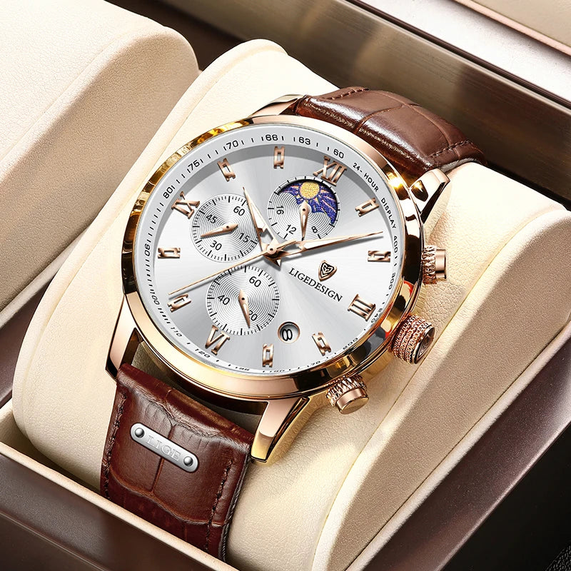 Men's Luxury Leather Waterproof Chronograph Sport Watch - Casual Business Style