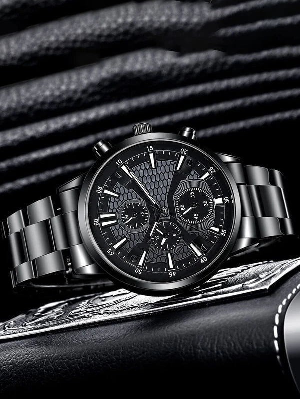Men's Quartz Watch and Wallet Set - Stainless Steel Belted Business Accessories