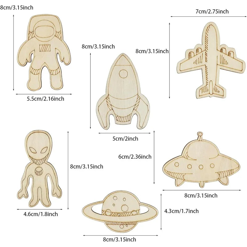Wooden Space Craft Cutouts for Kids DIY Art Projects and Home Decor - 32 Pieces