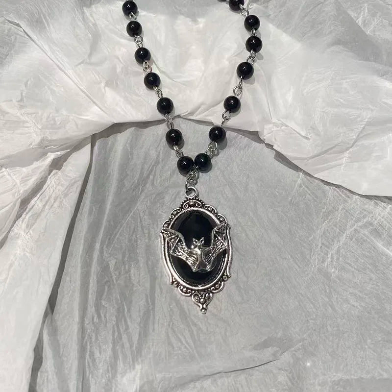 Gothic Bat Cross Pendant Necklace Y2K Personalized Black Bead Stacked Jewelry