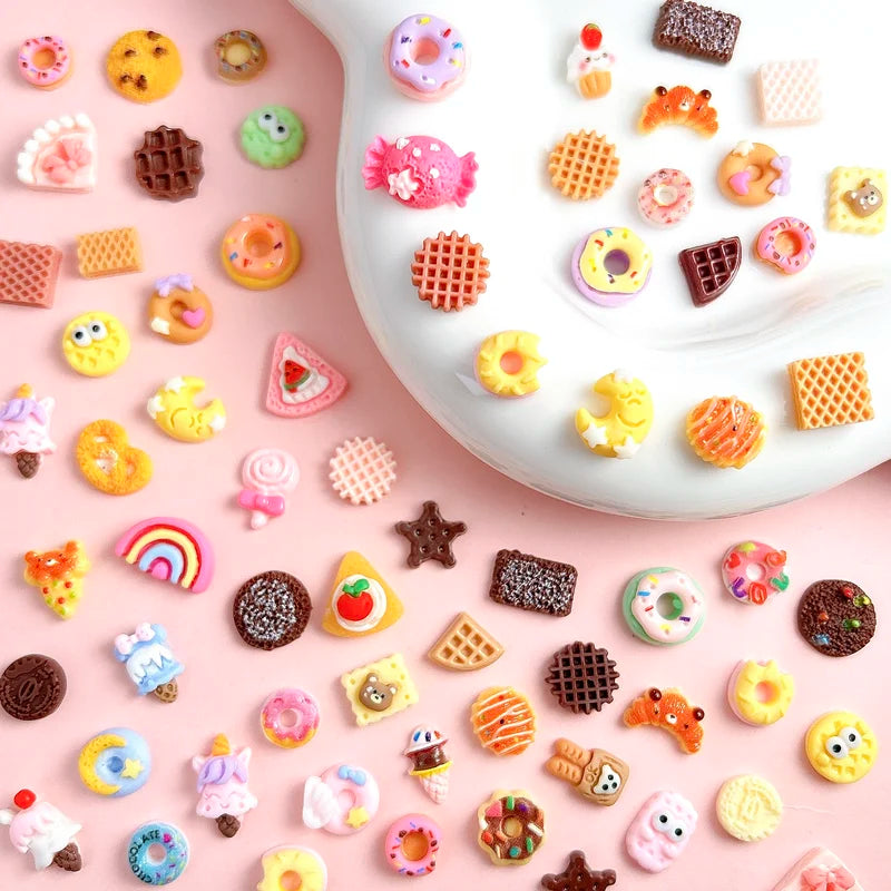 50PCS Nail Art Charms Set - Cartoon Cookies Donuts Lollipops Resin Decorations