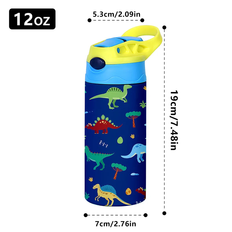350ml Insulated Cartoon Kids Water Bottle with Straw - Animal Pattern Thermos Mug