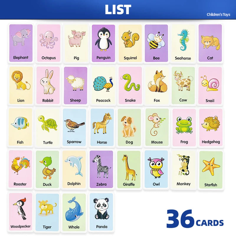Double-Sided Animal Recognition Flash Cards for Kids Learning - 36 Pack