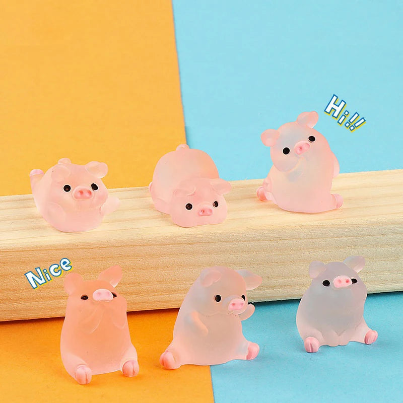 Mini Resin Pig Car Dashboard Ornaments - Luminous Cute Animal Car Decor Set of 6