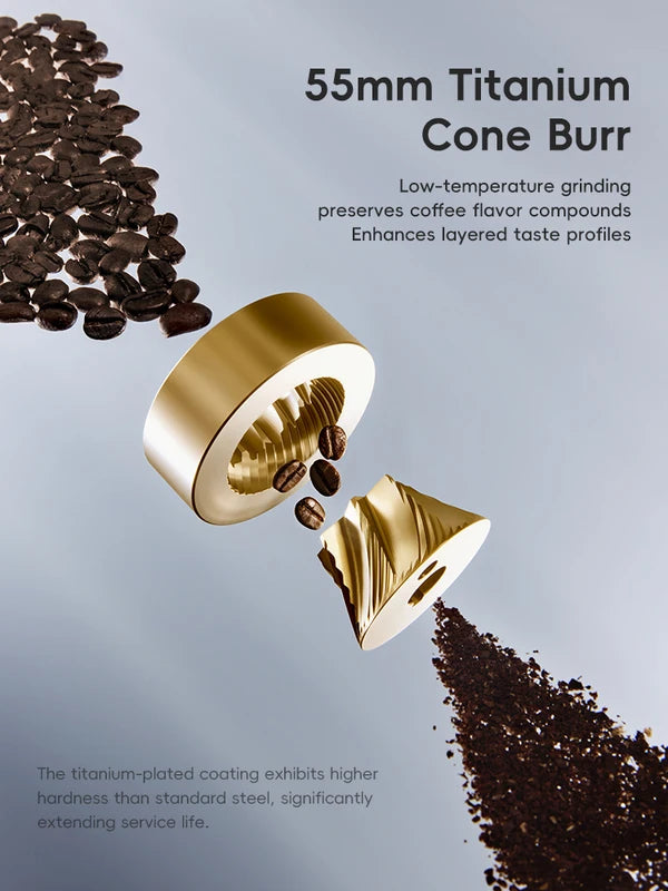 Electric Coffee Grinder 55MM Titanium Cone Burr Stepless Adjustment Black