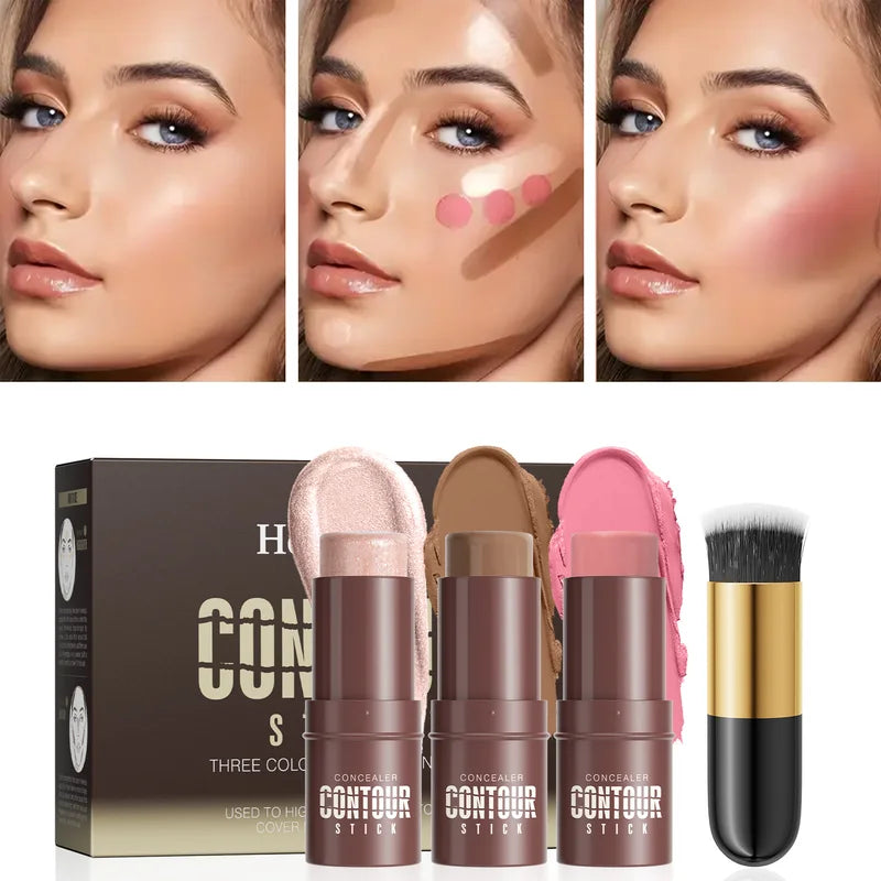 4-Piece Contour Stick Makeup Set with Highlighter Blush Bronzer & Golden Powder Brush - Waterproof Cream for All Skin Tones, Shimmery