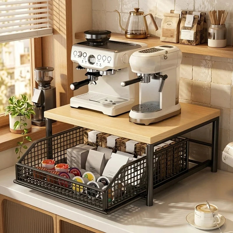 Modern Kitchen Microwave Rack Storage Organizer Solid Wood Metal Countertop Shelf